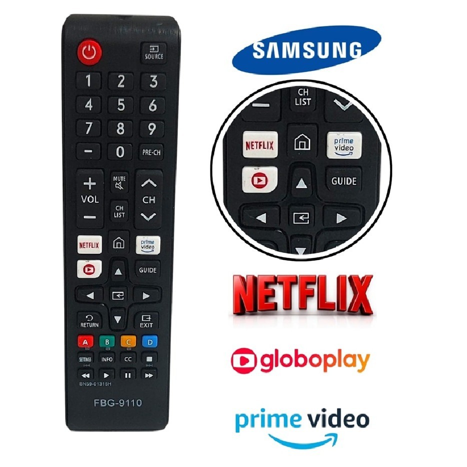 Controle Remoto BN59-01315H Compatível Com Smart TV Samsung LH32BETBL Teclas Netflix / Globo Play / Prime Vídeo - 9110