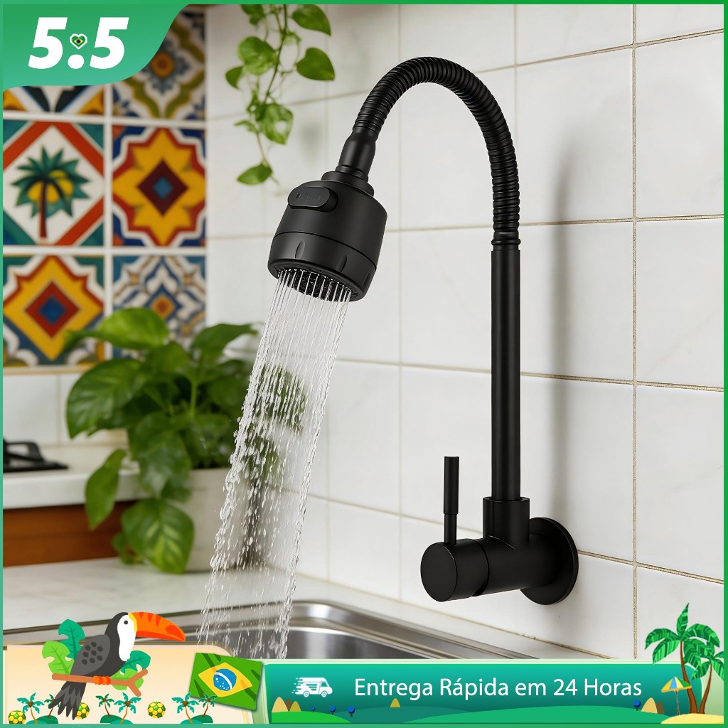 Torneira Parede Cozinha Gourmet Inox Preta Flexível 360° Com Chuveirinho Luxo Promoção Mutoo