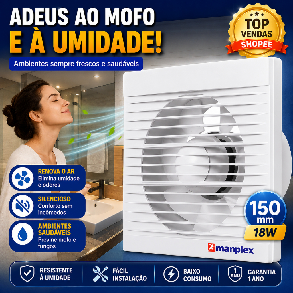 Exaustor Residencial Manplex 150mm Silencioso 18W P/ Banheiro Lavabo Ambientes Ú