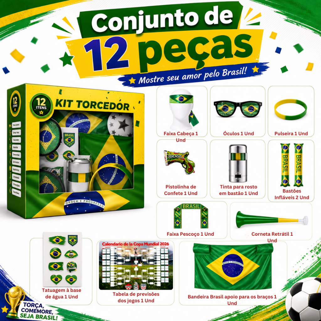 Kit Torcedor Copa do Mundo 2026 Brasil 12 Itens Torcida Bandeira Brasileira Óculos Pulseir...