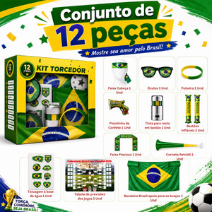 Kit Torcedor Copa do Mundo 2026 Brasil 12 Itens Torcida Bandeira Brasileira Óculos Pulseira Adesivos