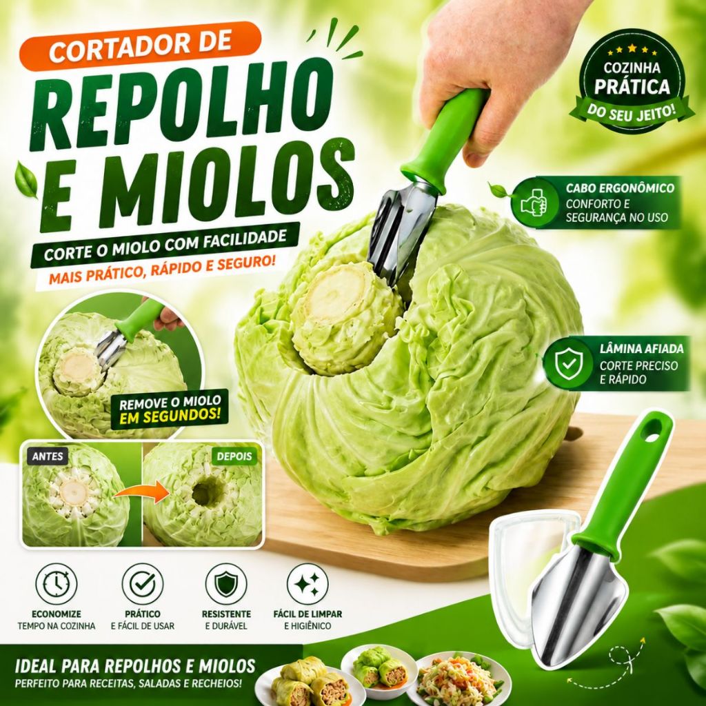 Cortador Repolho Alface Legumes Verduras Multiuso Inox + Plástico Fatiador Removedor de Miolo