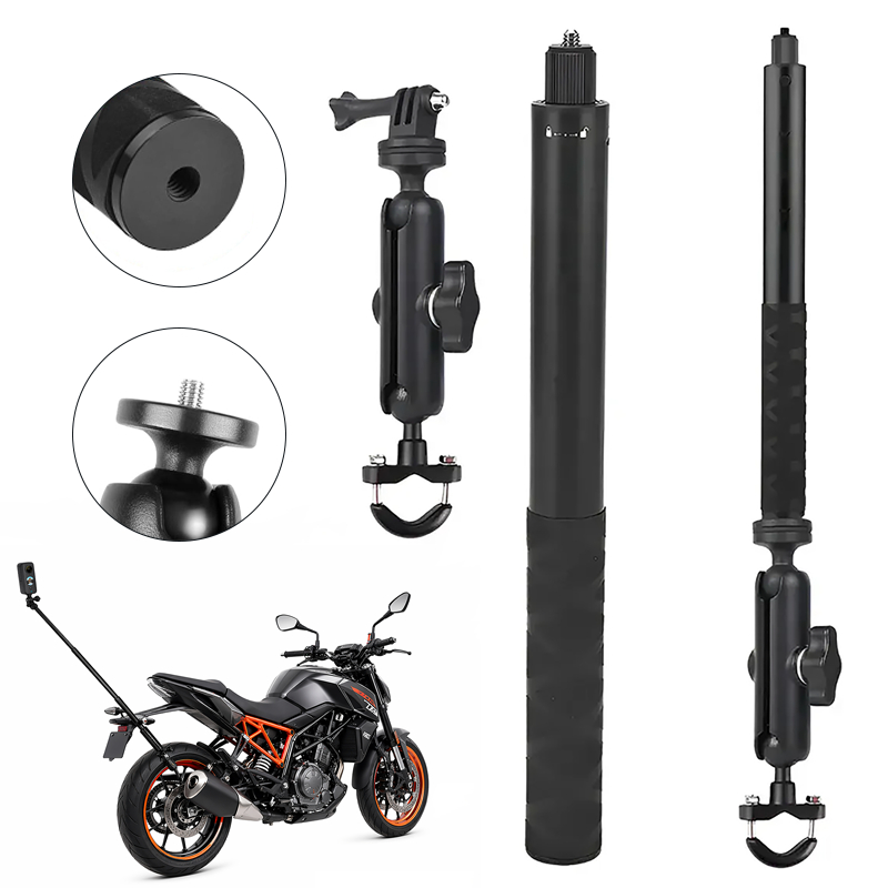 Suporte Câmera Motocicleta Haste U Clipe Duplo Extensor 1.2m Alumínio, p/ Ação Celular