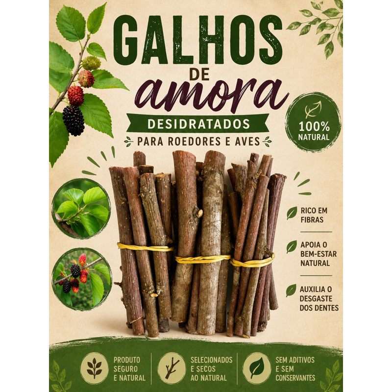 Mini galhos de Amora 200G para roedores (coelhos,hamster,chinchila, ratos, porquinho da india)