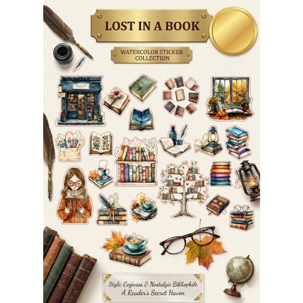 Kit de Adesivos Sticker Tema Lost in a Book Para Scrapbook Planner Bullet Journal Agenda Estética Dark Academia e Livros