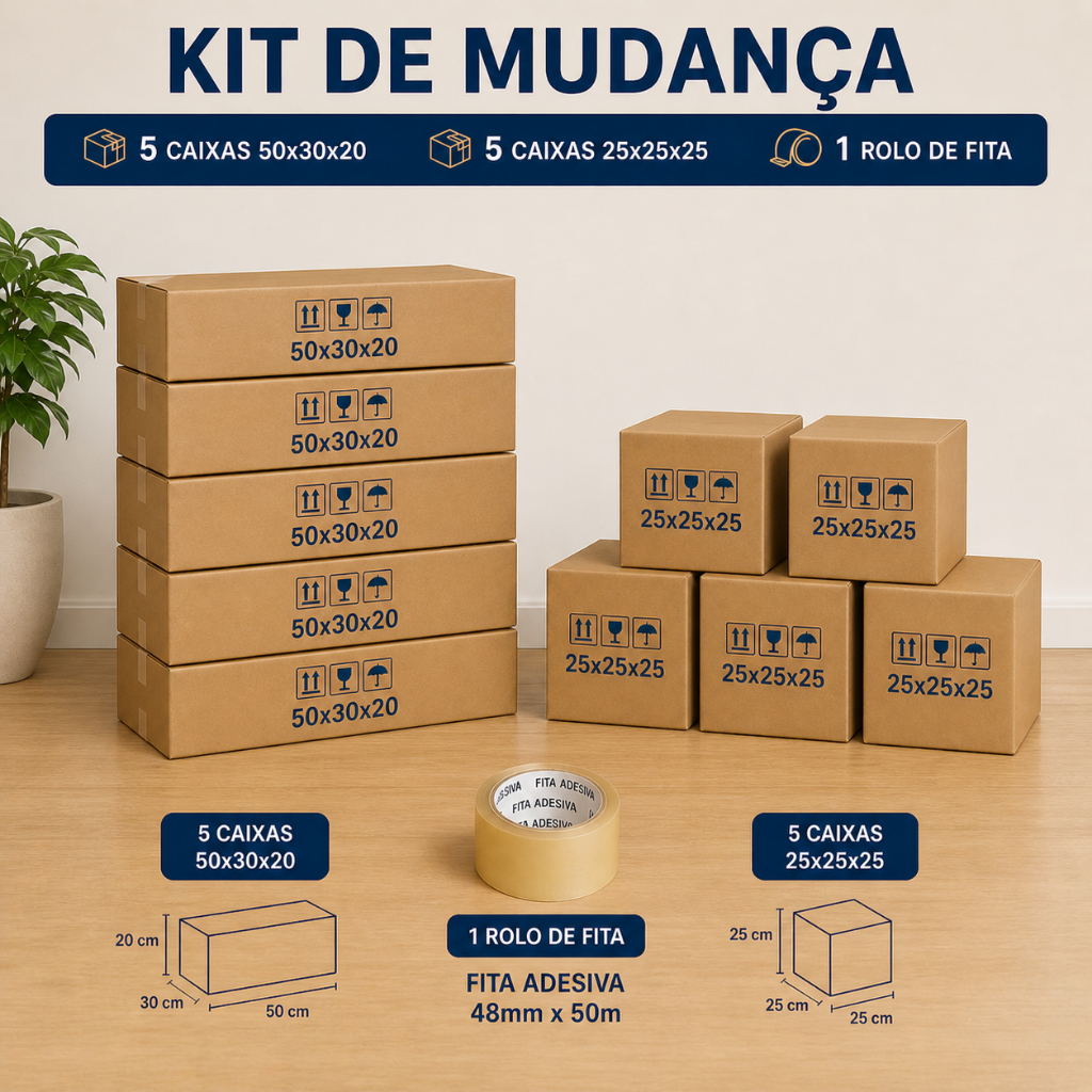 Kit Mudança 10 Caixas Reforçadas 50x30x20 + 25x25x25 Com Fita Organização Estoque