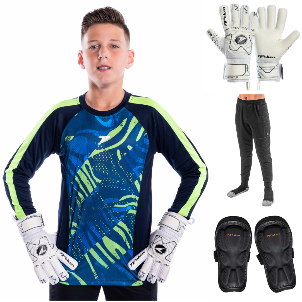 Kit Luva Goleiro Infantil Futebol Profissional Poker + Calça + Camisa + Caneleira (Envio Imediato)