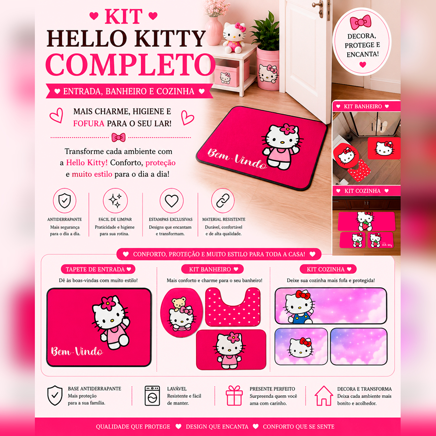 Tapete de Entrada e Kit de Tapetes Hello Kitty – Cozinha, Entrada, Quarto e Banheiro Antiderrapante