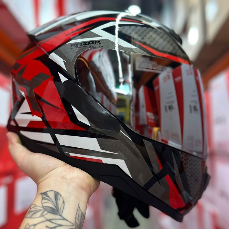 CAPACETE NORISK RAZOR SHARP PRETO VERMELHO MASCULINO FEMININO OFERTA + VISEIRA CROMADA E CRISTAL