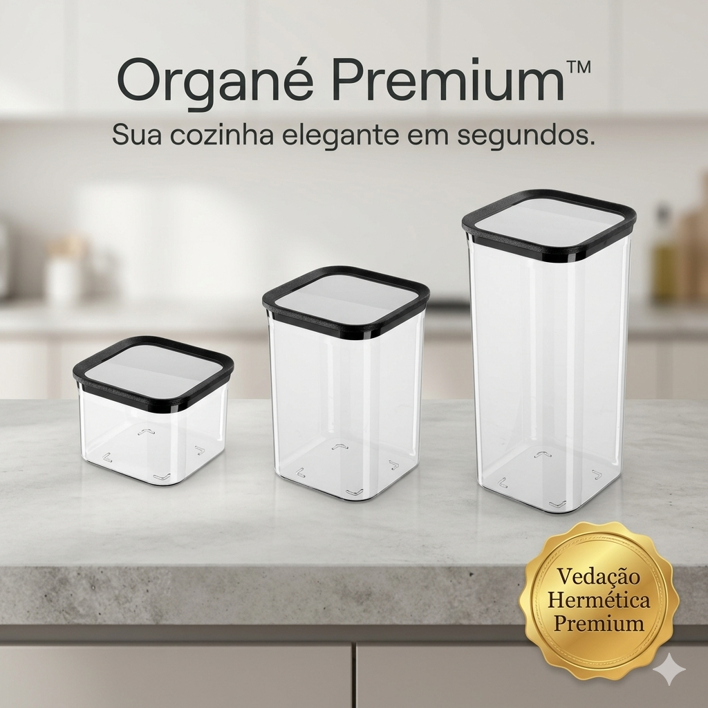 Potes Herméticos Organé Premium™ Kit 3 Unidades Transparente Mantimentos Cozinha Organizadora Vedação Hermética