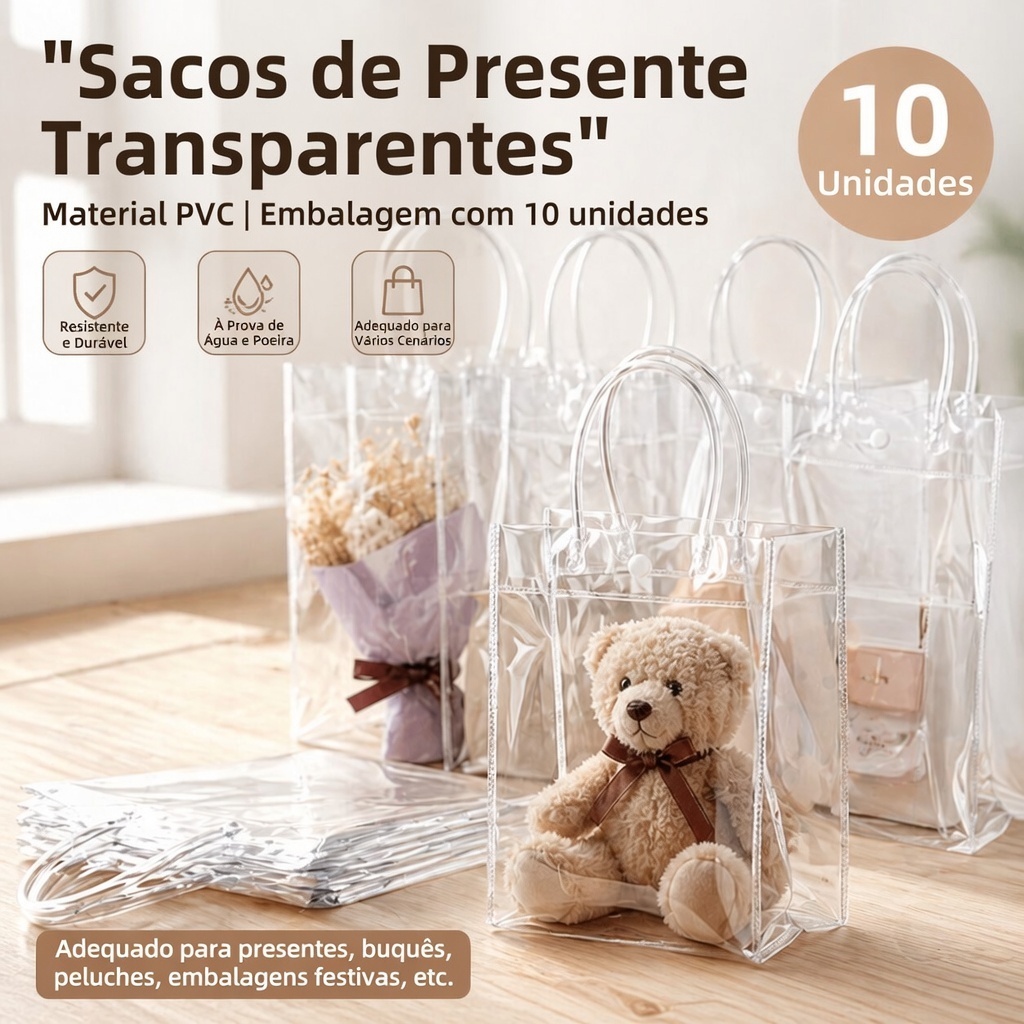 10 unidades Bolsas Presente 2 tamanhos Embalagem Transparente Fosca Pvc Alça Redonda Praia Piscina Tendência Verão Prese