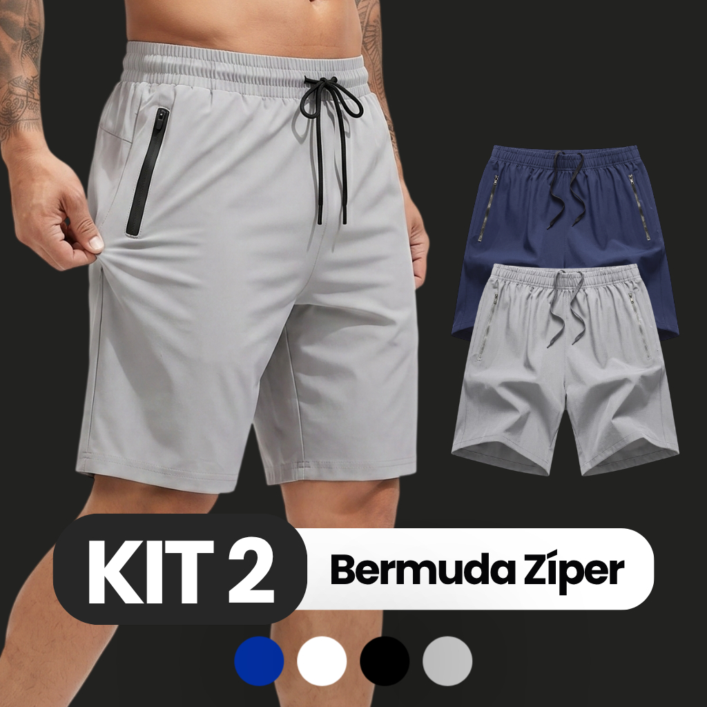 KIT 2 BERMUDA MASCULINA ZIPER NOS BOLSOS academia tactel com elastano shorts com ziper para treinar
