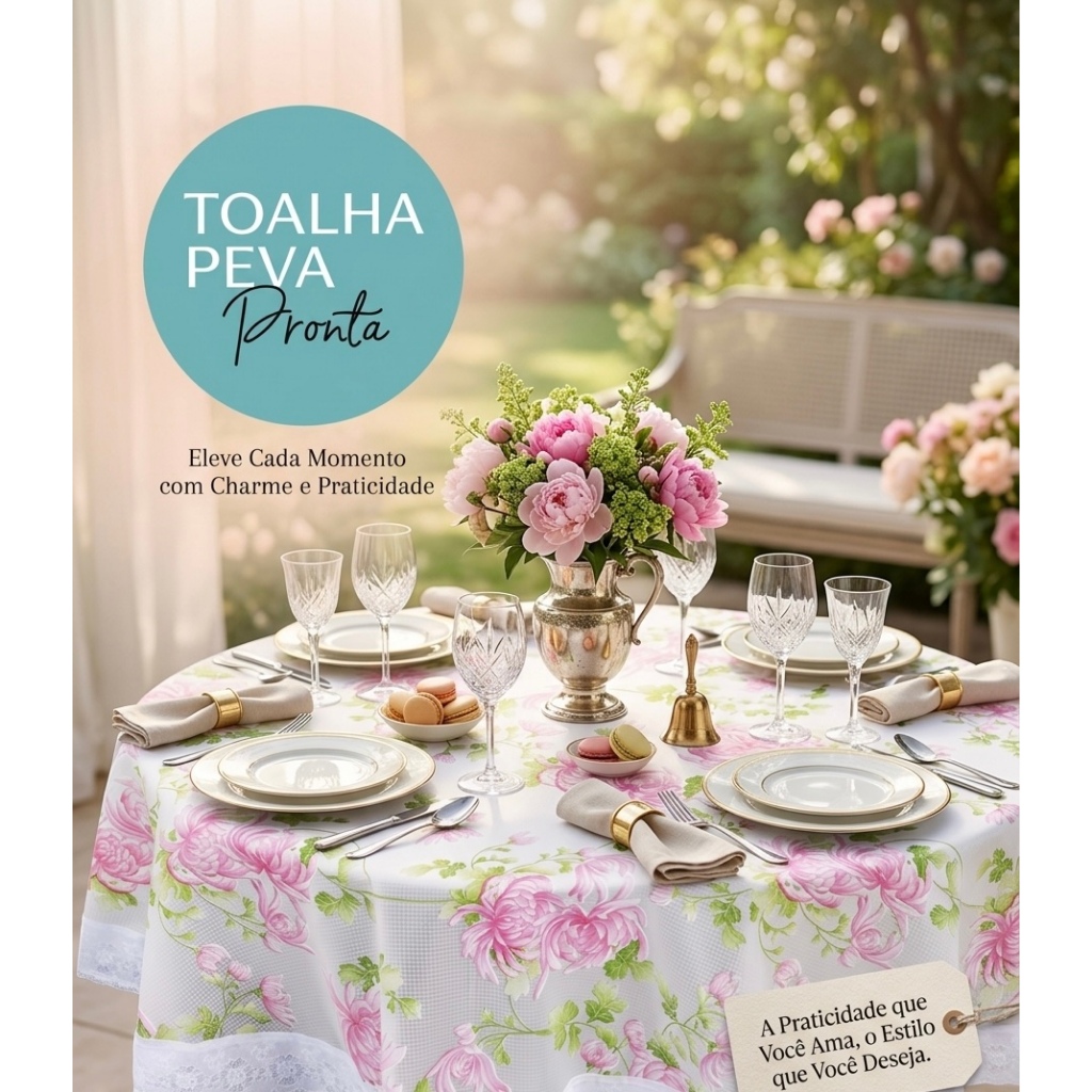 Toalha de Mesa Peva Plástico Redonda 1.80m Impermeável Barrado de Renda Plástico Mesa 4 e 6 Cadeiras