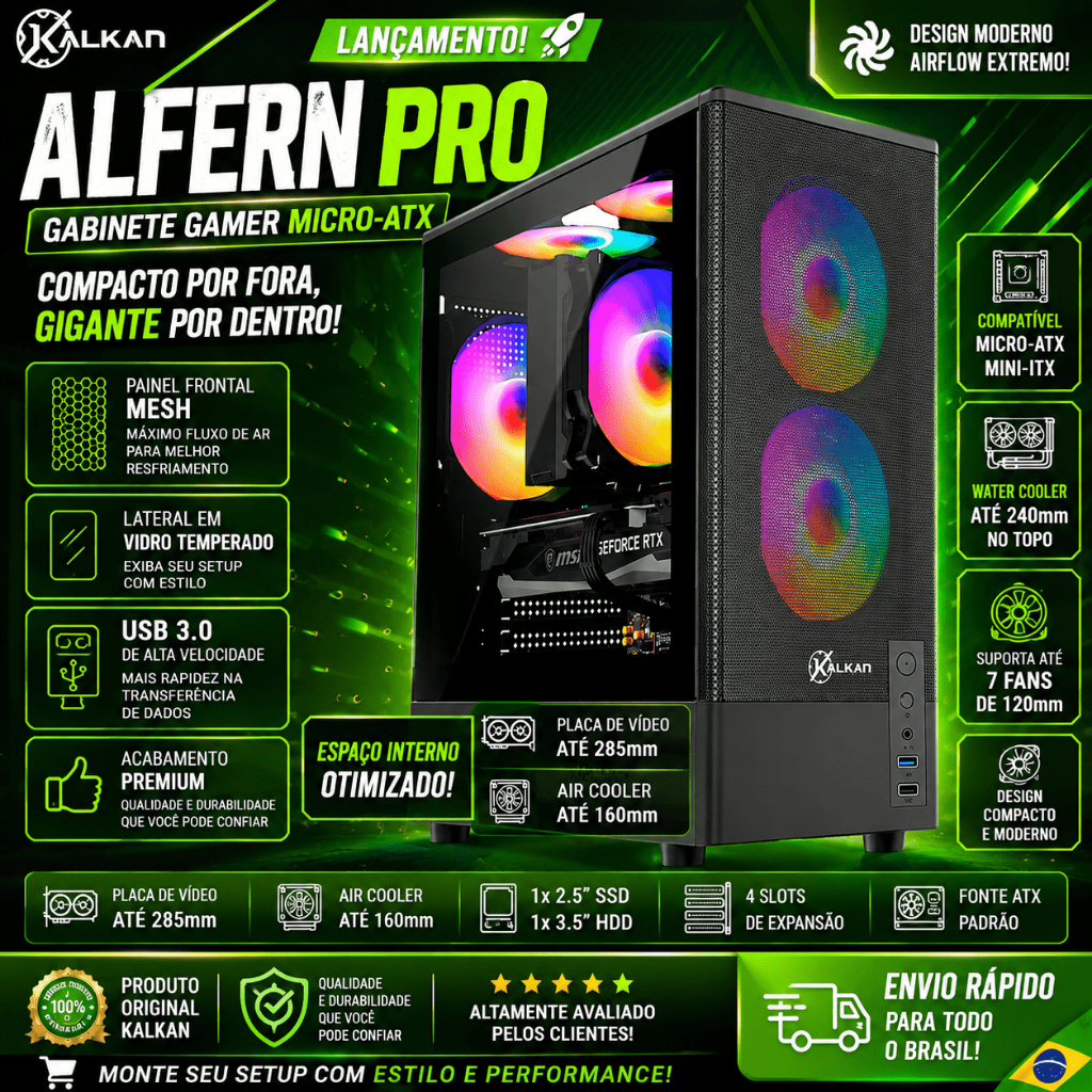 Gabinete Gamer Kalkan Alfern Pro Preto Micro-ATX Painel Frontal Mesh Sem Fans USB 3.0 Janela Lateral em Vidro Temperado