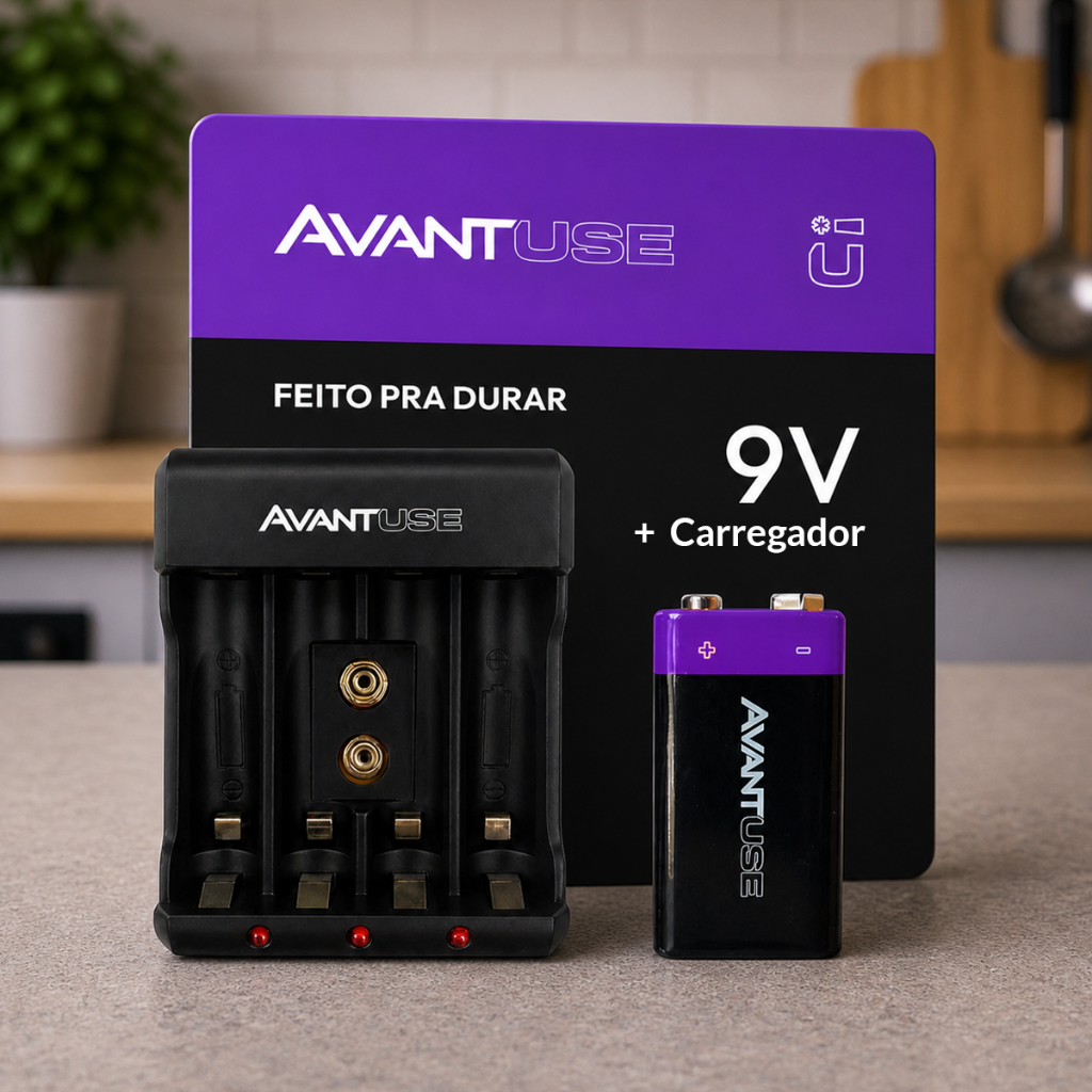 Kit 1 a 4 pilhas 9v Recarregável + Carregador Rápido Bivolt AA AAA 9V Avant Use