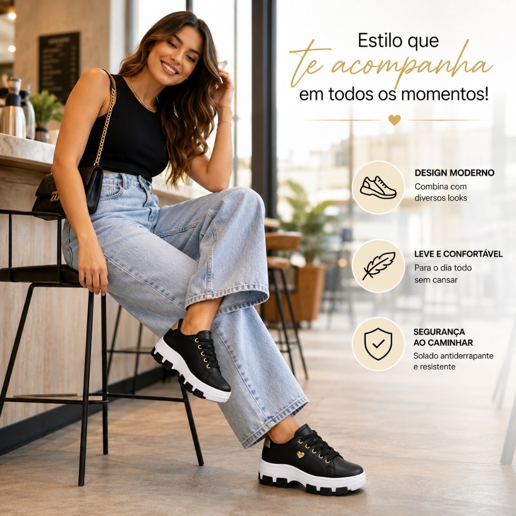 Tênis Casual Feminino Sola Alta Conforto Leve e Super Estiloso Macio