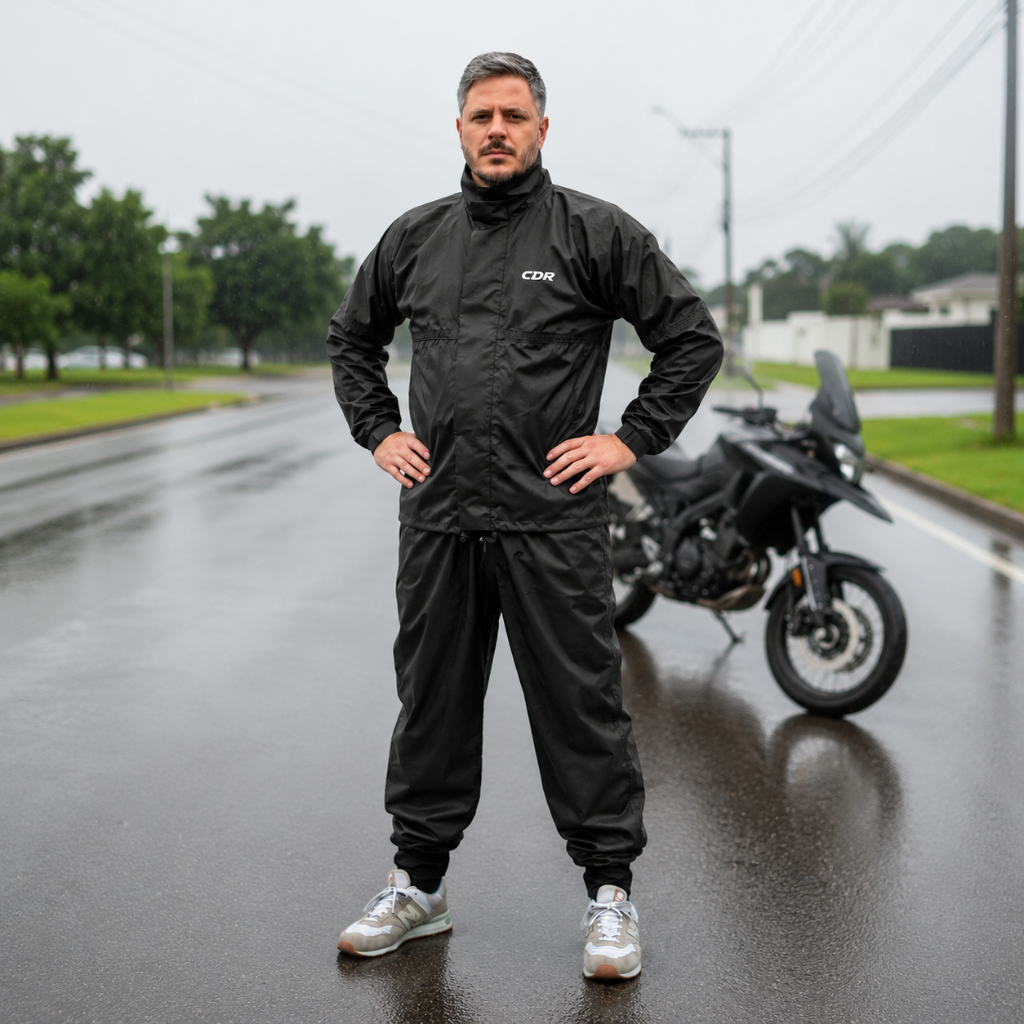 Capa de Chuva Conjunto Completo impermeável CDR Emborrachada em Nylon Preto Motoqueiro Frio