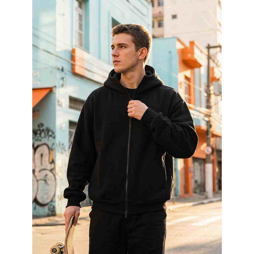 Moletom Masculino com Capuz Zíper Duplo Tecido Grosso Oversized Casual Básico
