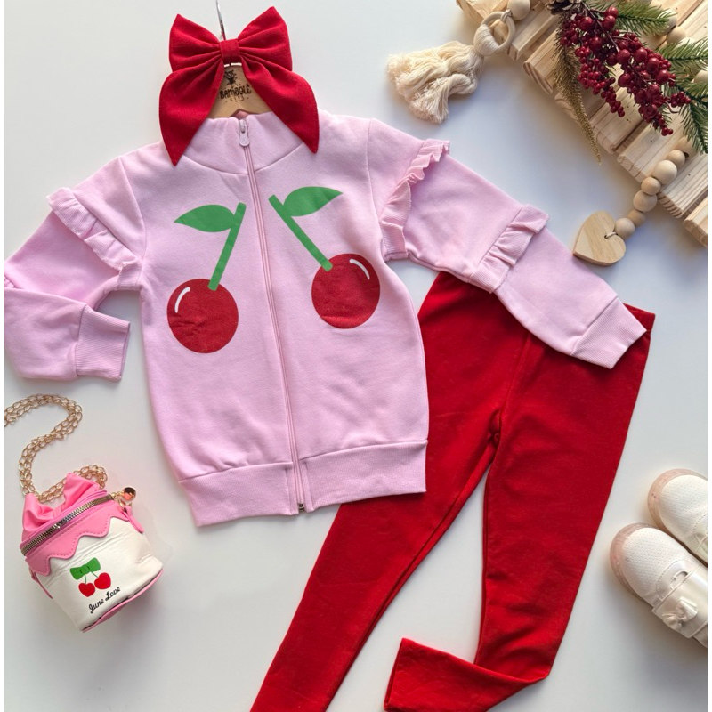 Conjunto Infantil Feminino By Gus Flanelado Cerejinha Rosa e Vermelho Inverno Quentinho