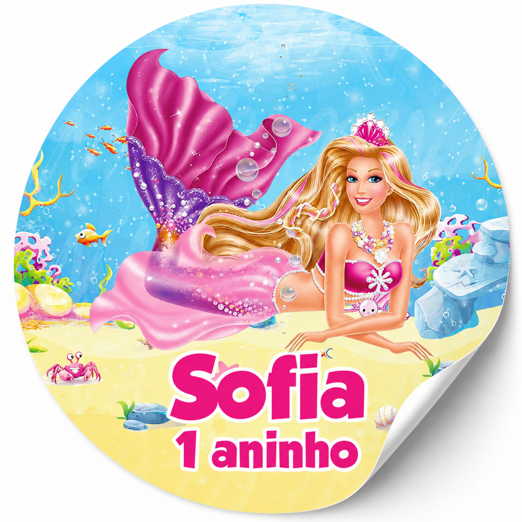 50 unid. Adesivos Barbie Sereia, lembrancinha, sacolinha, tubetes, latinha, sacolinha, festa
