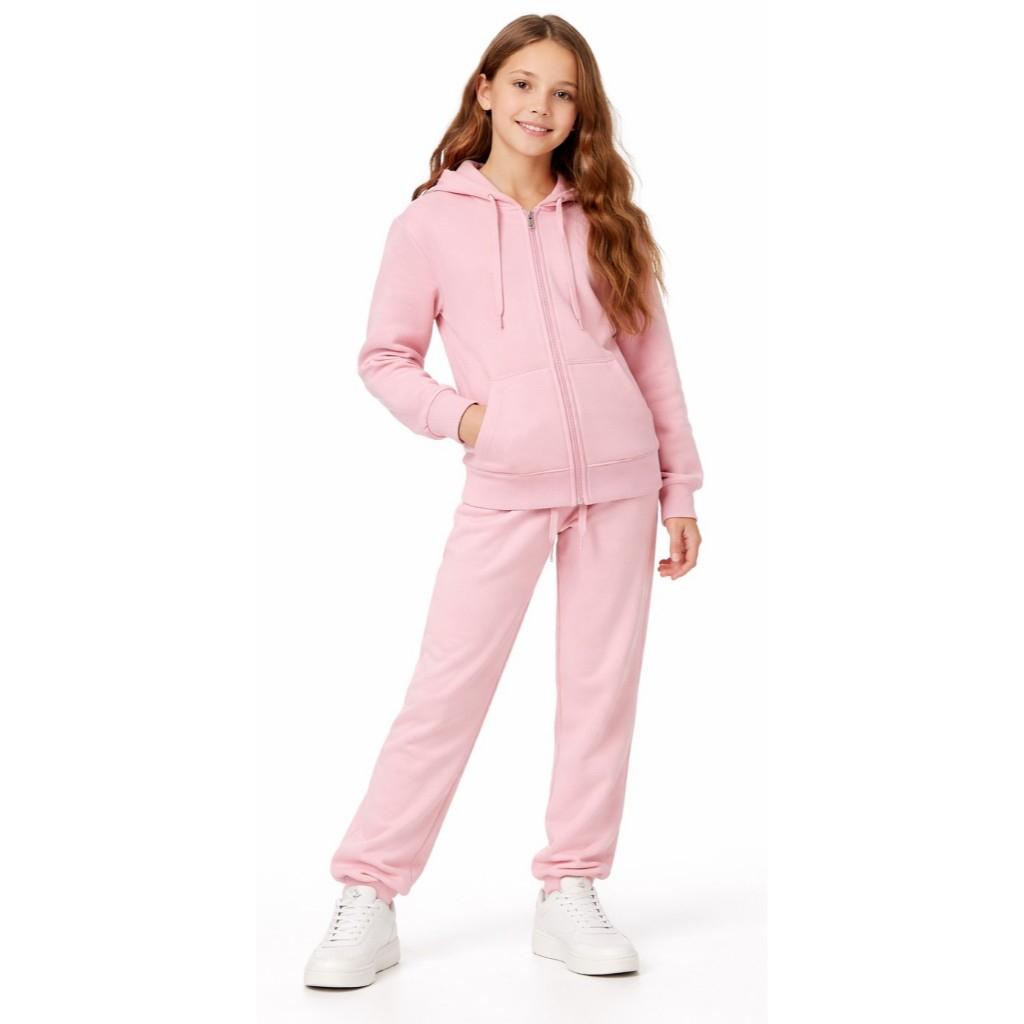 Conjunto Moletom juvenil Feminino Inverno com Zíper e Capuz Flanelado