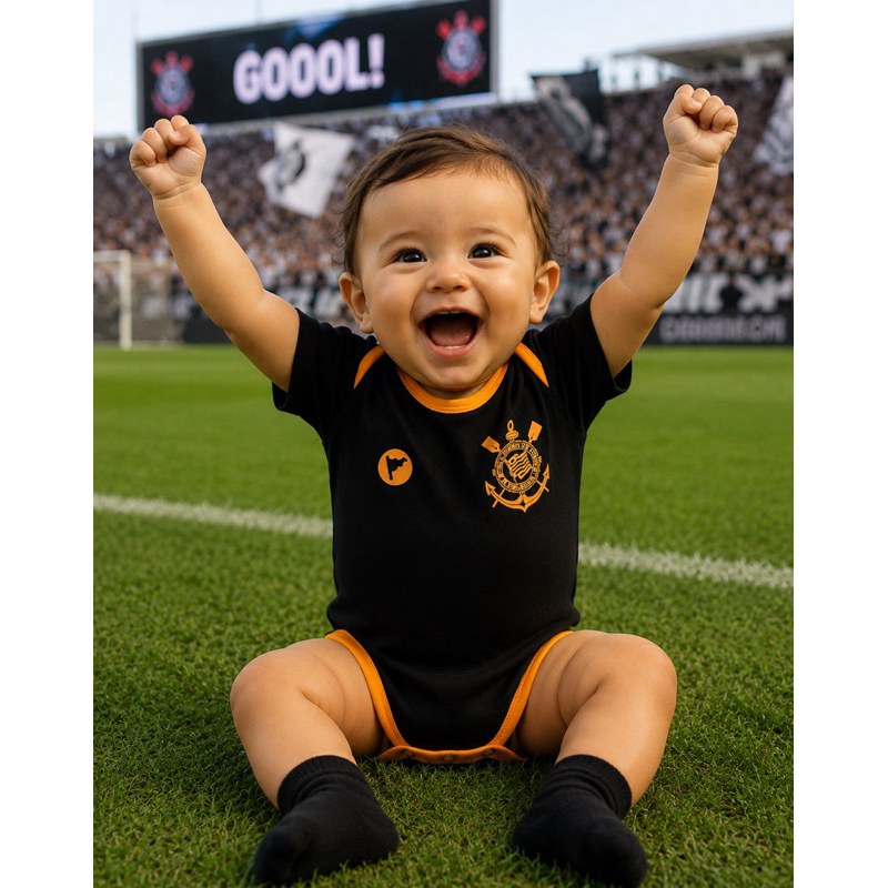 Body Bori Corinthians Infantil Bebe Unissex Preto Laranja Time