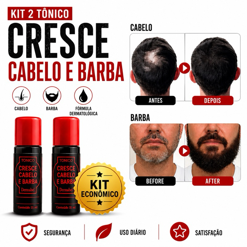 Kit 2 Tônicos Cresce Cabelo e Barba Dermabel Ganhe 2 Ampolas de Crescimento Capilar de Brinde