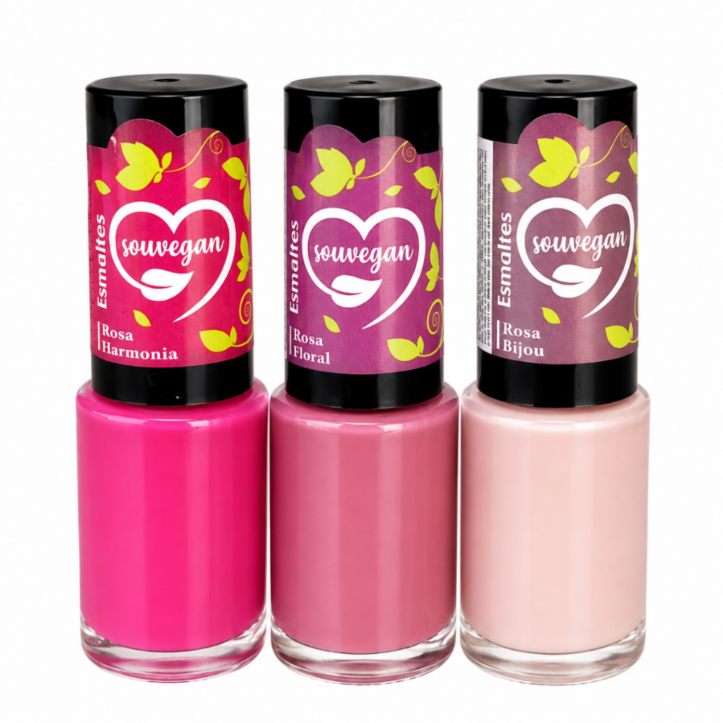 Kit 3 Esmaltes Vegano Rosa Antigo Chiclete Nude Secagem Rápida Manicure Souvegan