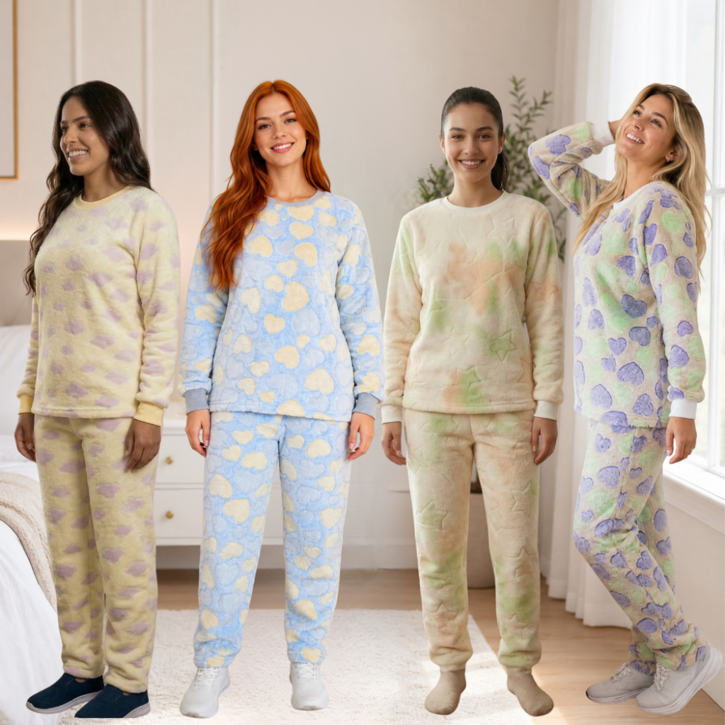 Pijama Feminino de Frio Manga Longa Fleece que Brilha no escuro Inverno Quentinho Peluciado