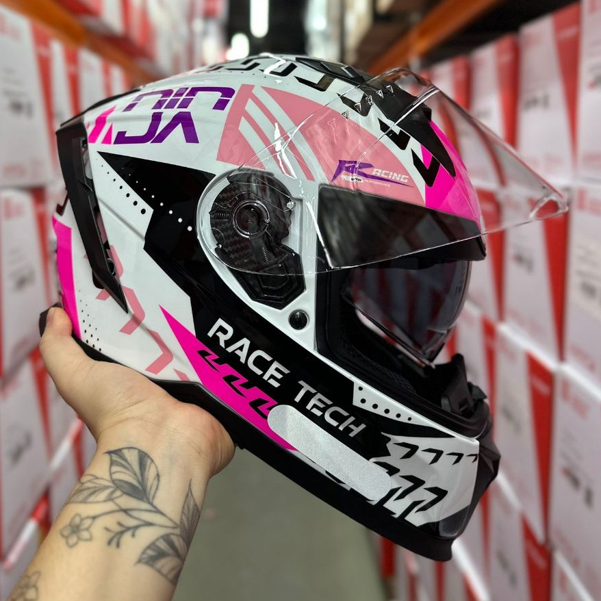 CAPACETE RACE TECH VOLT ORIGINAL NINJA ROSA BRANCO FEMININO COM ÓCULOS SOLAR NOVO BARATO TOP MOTO