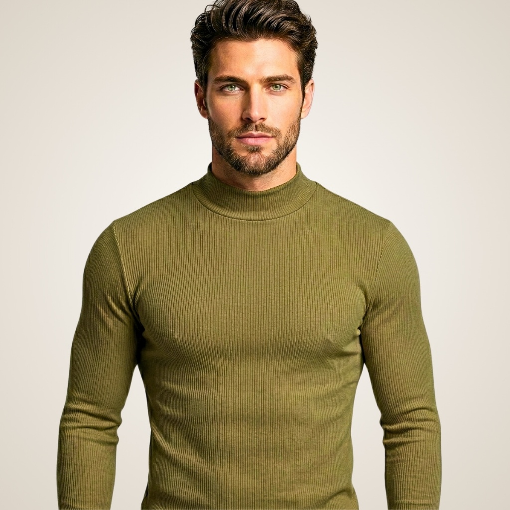 Blusa de Frio Cacharrel Masculina Canelada Camiseta Manga Longa Suéter Gola Alta Cardigan