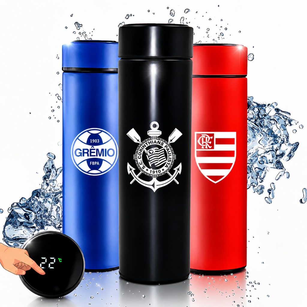 Garrafa Térmica Led Digital Para Monitorar Temperatura 500ml Personalizada Times Brasileiros