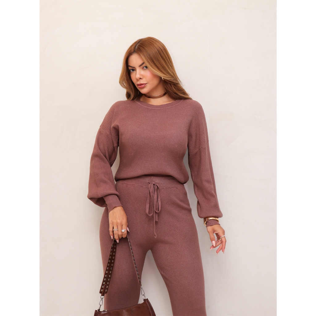 Conjunto Feminino Tricot Blusa Manga Longa e Calça Pantalona Elegante Confortável Inverno ...