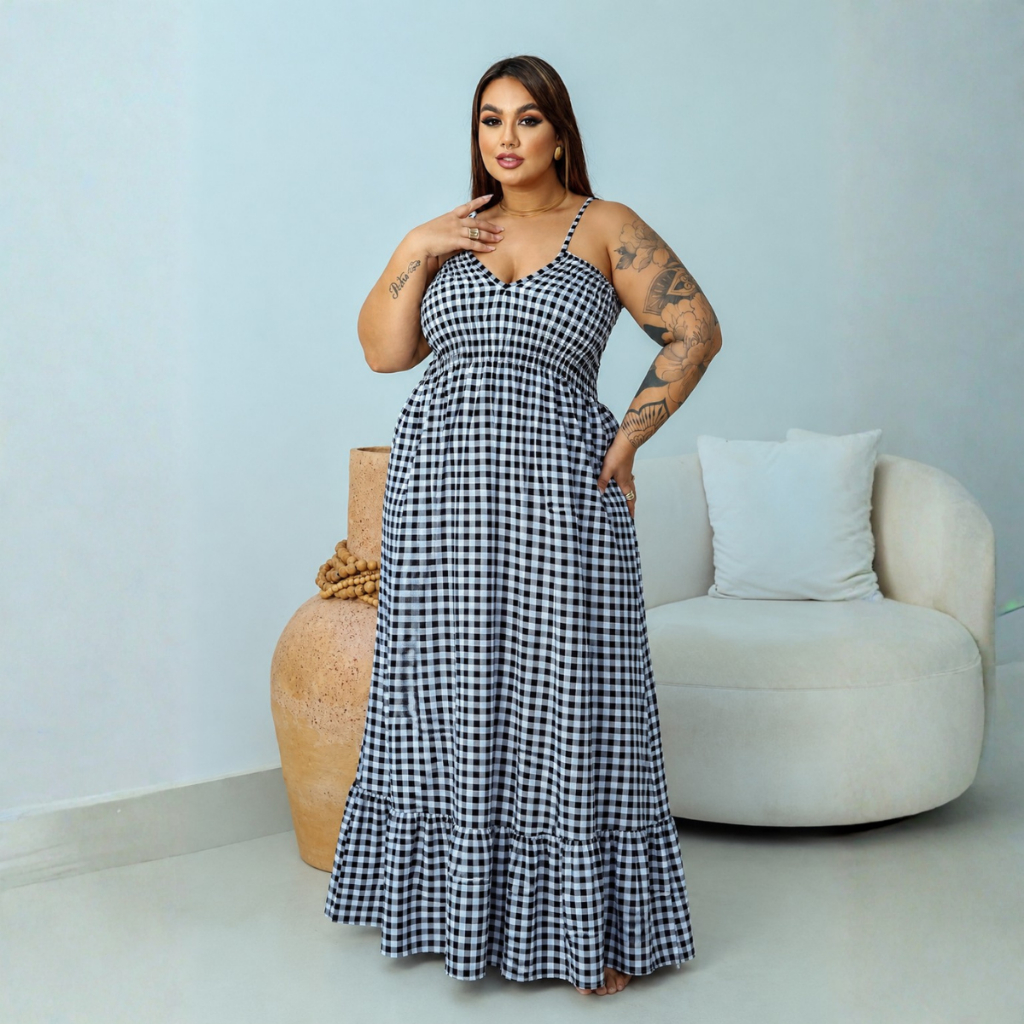 Vestido Plus Size Longo Lastex Elegante Alcinha Soltinho