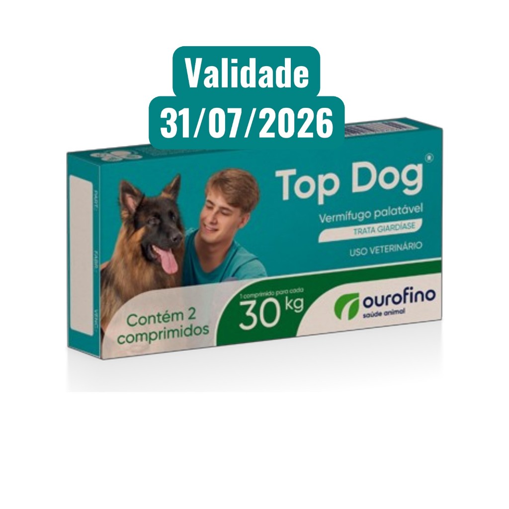 Vermifugo Top Dog 30Kg 2 Comprimidos Ourofino Trata Vermes Giardia Dirofilariose