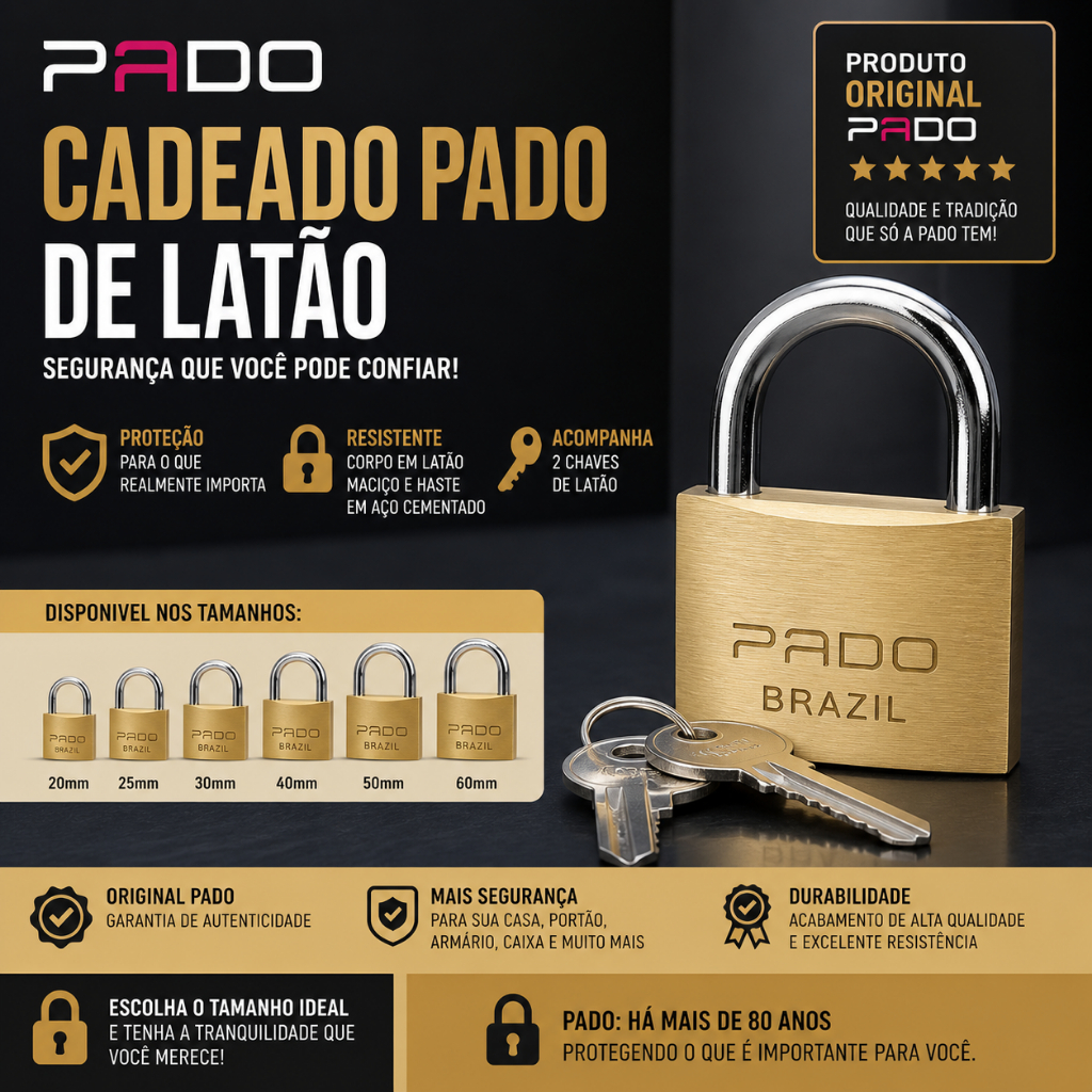 Cadeado Pado de Latão Com 2 Chaves LT 20mm, 25mm, 30mm, 40mm, 50mm, 60mm ORIGINAL