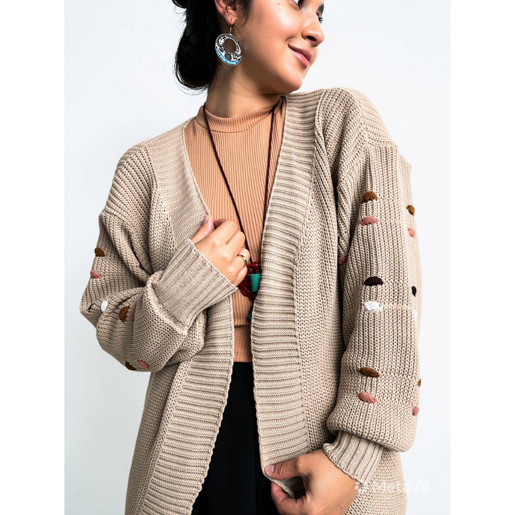 Casaco Cardigan Bolinhas Longo Feminino em Tricot Ponto Fang Manga Bufante Inverno