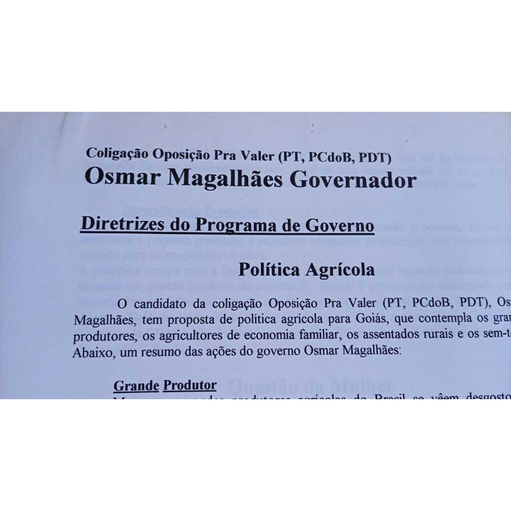 Diretrizes Programa Governo Goiás 1998 Osmar Magalhães Partido dos Trabalhadores
