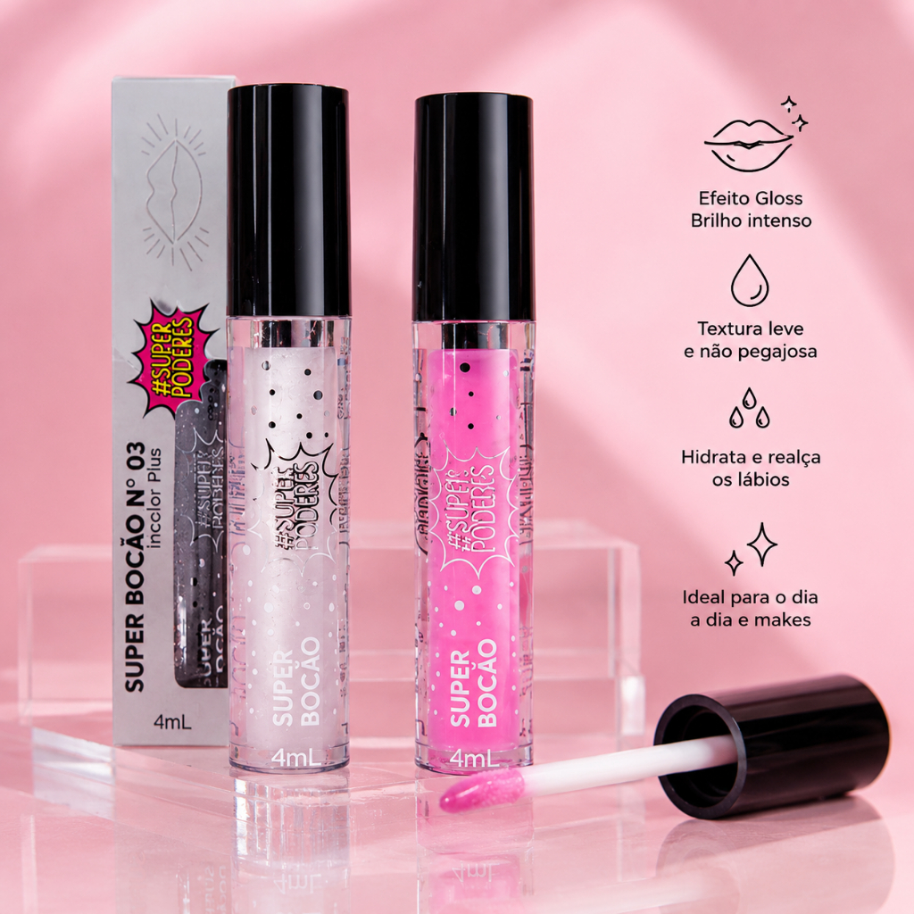 Gloss Labial Super Bocão 4ml Efeito Gloss Brilho Intenso Hidrata Não Pegajoso