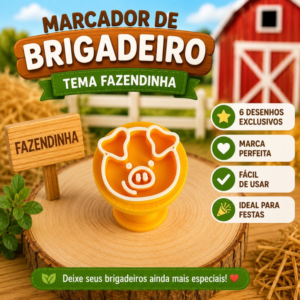 Marcador de Brigadeiro Fazendinha 6 Peças | Carimbos para Docinhos Tema Fazenda