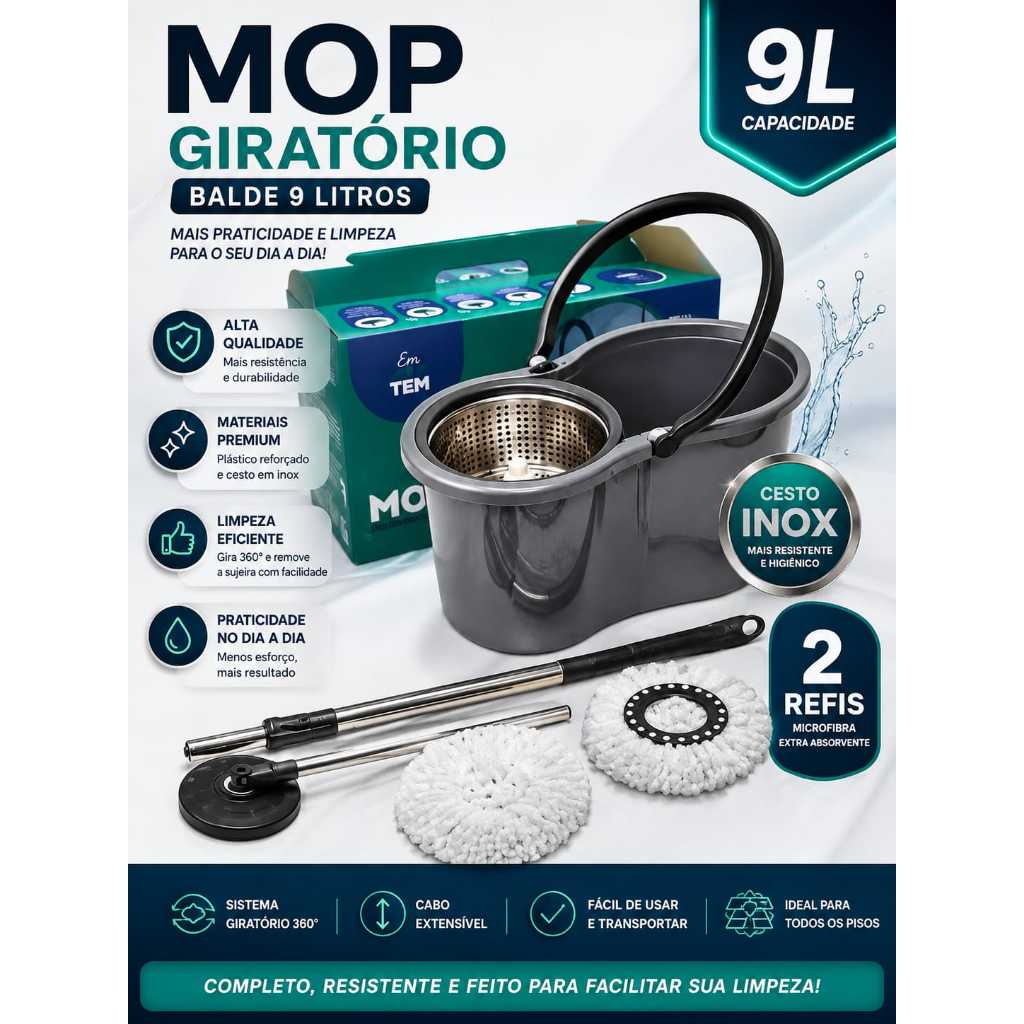 Mop Giratório Balde 9 Litros Esfregão 360 Cesto Inox Limpeza Centrífuga Com Alça Premiun