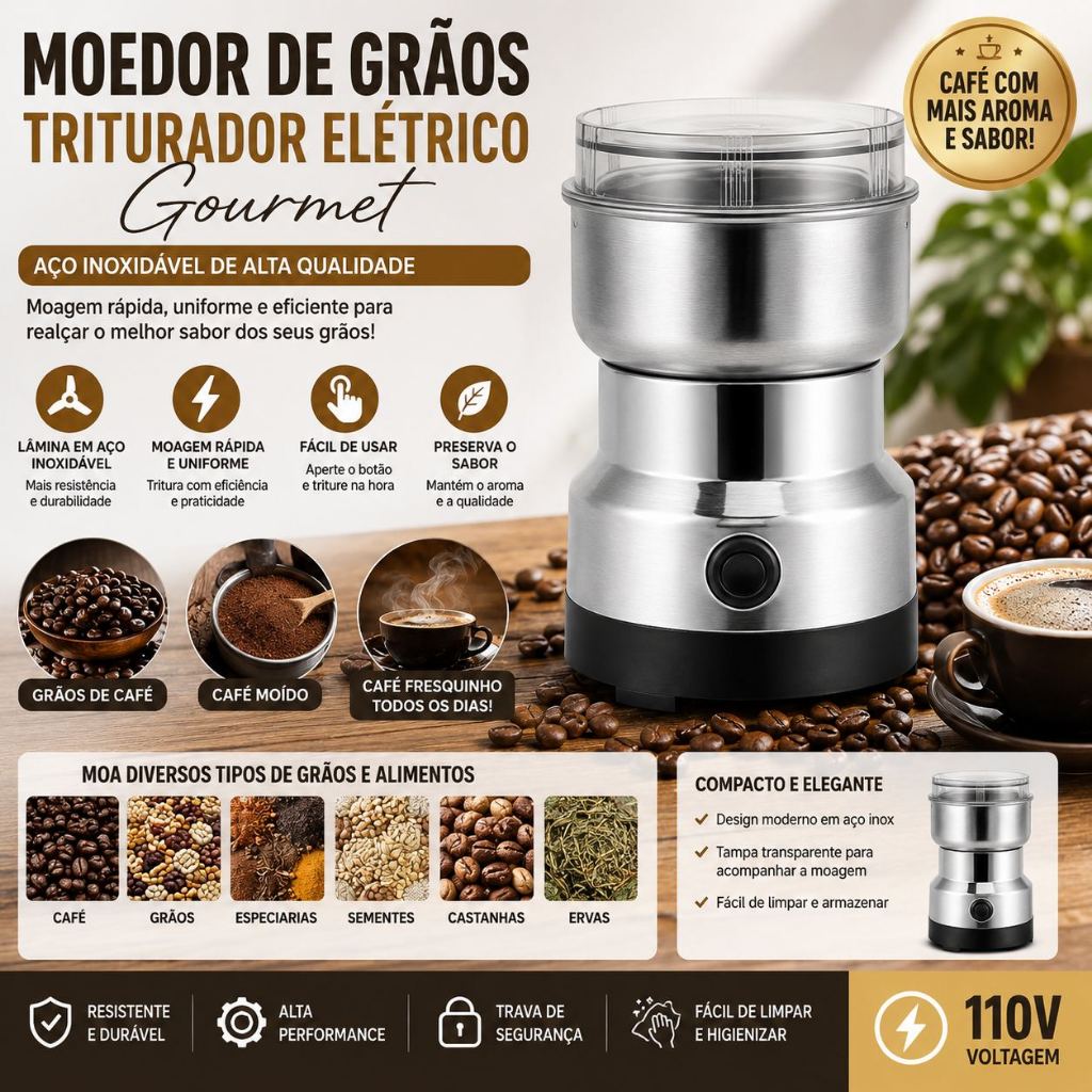 Moedor Multifuncional De Cereais Aveia Grãos Linhaça Triturador Café Elétrico Gourmet Em Aço 110v