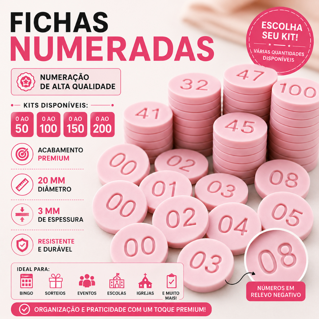 Fichas Numeradas Premium 20mm 3mm | Kits 0 ao 50 100 150 200 300 | Organização Identificação Eventos