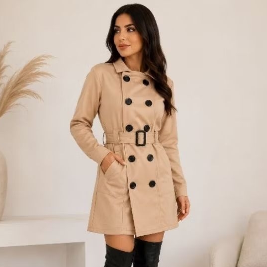 Casaco Sobretudo Flanelado Longo Trench Coat Feminino Com Cinto e Bolsos Funcional e Botões Outono/Inverno