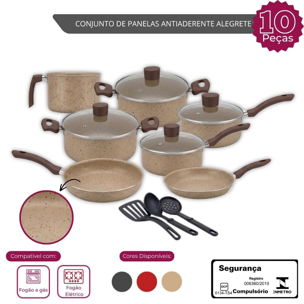 Conjunto Panelas 10 Pecas Antiaderente Alegrete Espatulas