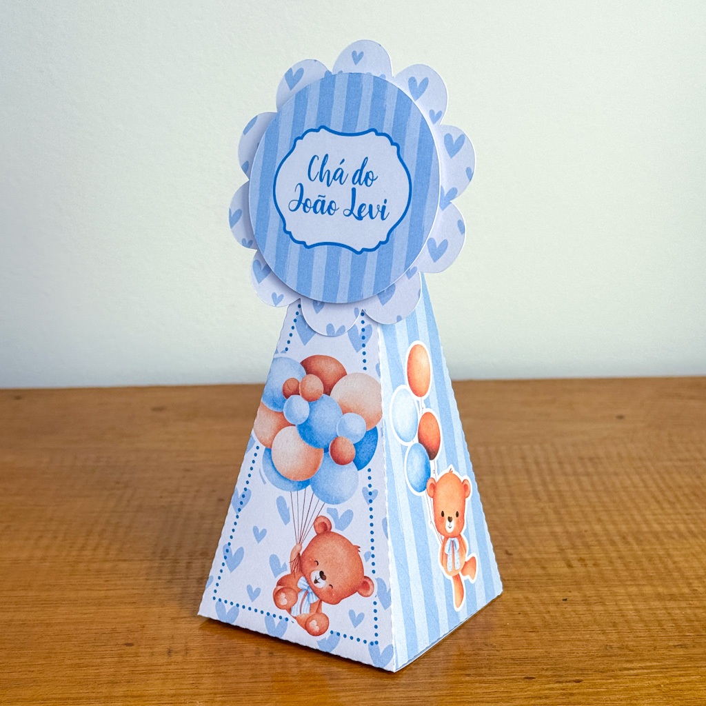 Caixinha Cone Pirâmide Chá de Bebê Ursinho Azul para Lembrancinha para Festa Personalizada Qualquer Tema