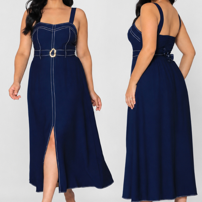 Vestido Midi Feminino Sensorial Marrant Premium Com Cinto Alça Larga Elegante 2026 Modas May