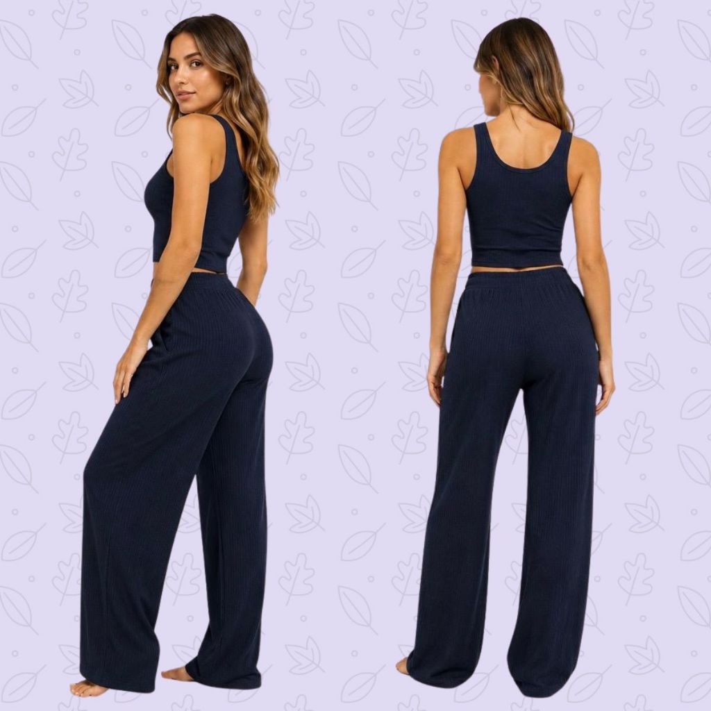 Conjunto Feminino 2 Peças Canelado Malha  Com Elastano Calça Soltinha e Blusa Casual