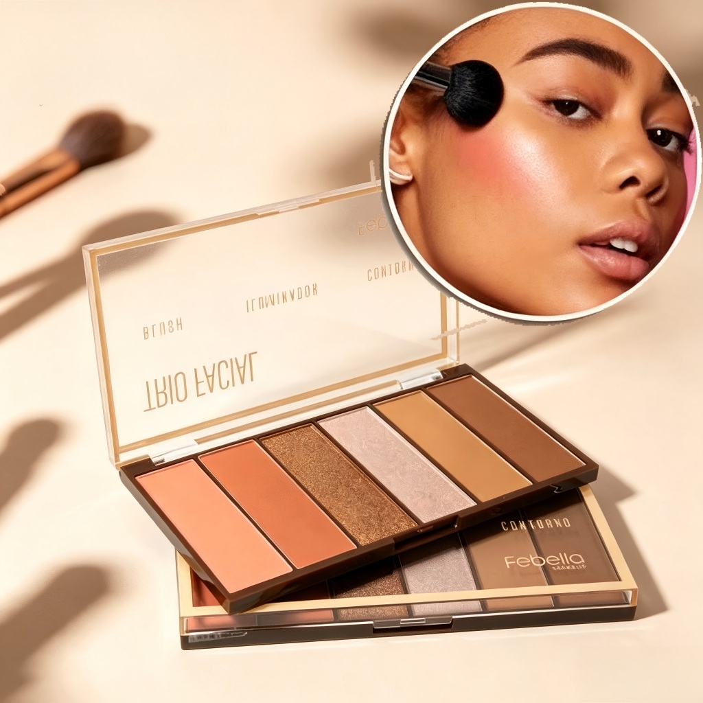 Paleta 3 en 1 Febella: Rubor, Contorno e Iluminador, Trío Facial para Maquillaje Rápido-pronta entrega