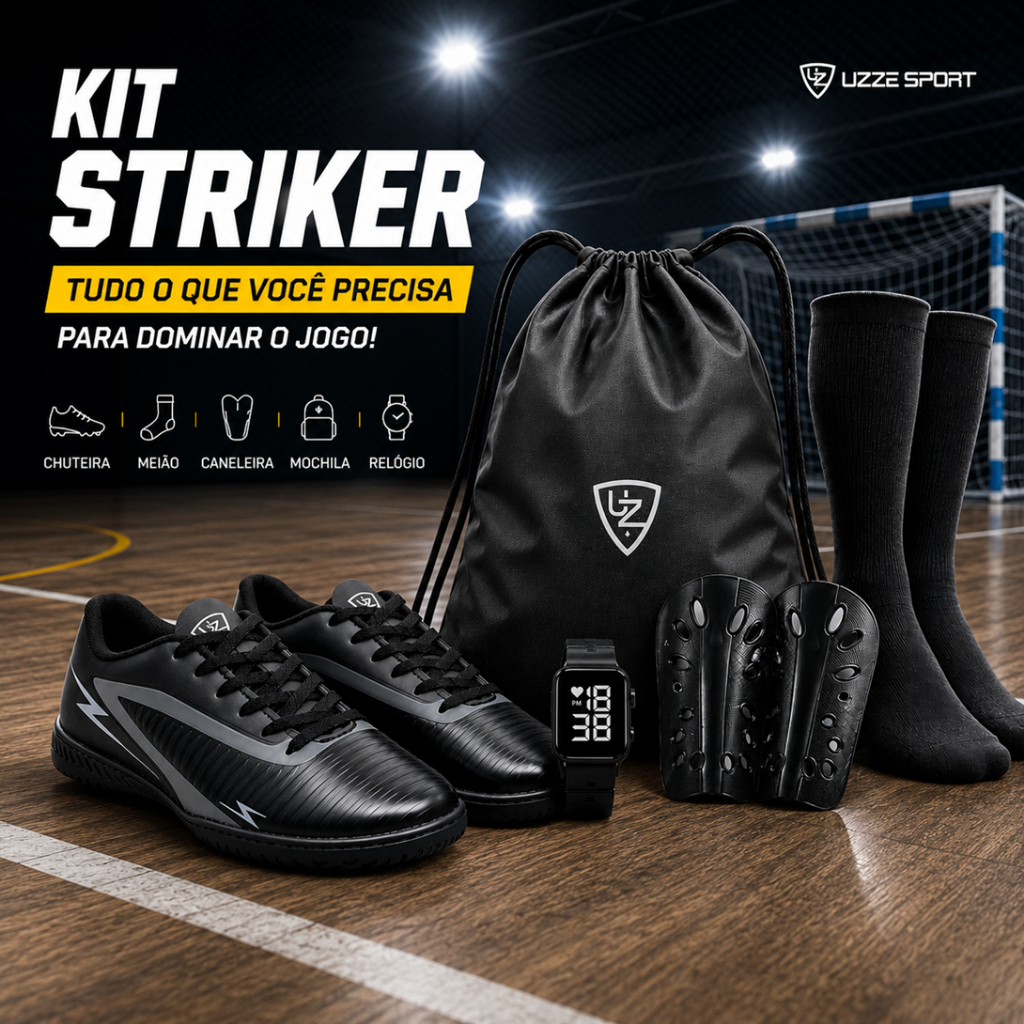 Chuteira Futsal Striker Salão Quadra Original Sport Meião Relógio Mochila Caneleira
